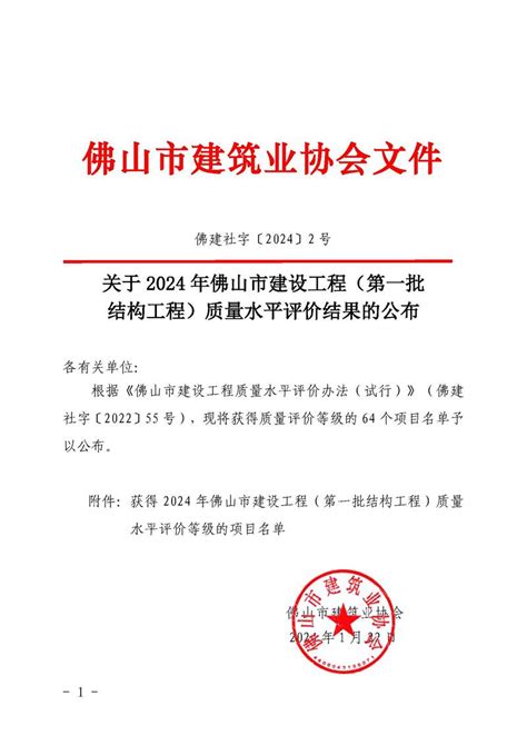 佛山市建筑业协会 关于2024年佛山市建设工程（第一批结构工程）质量水平评价结果的公布（佛建社字〔2024〕2号）