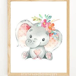 Floral Elephant Wall Art Print Personalized Custom Baby Name Girl