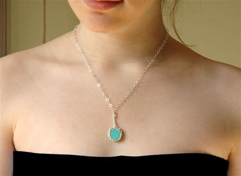 Turquoise Pendant Necklace Small Turquoise Coin Crocheted In Silver