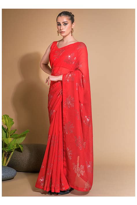 Hot Red Sequined Georgette Saree