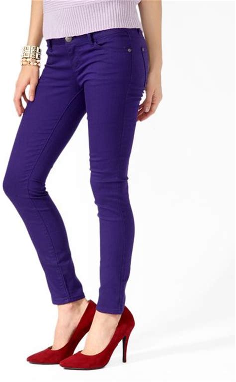 Forever 21 Ankle Length Denim Skinny Jeans In Purple Dark Purple Lyst