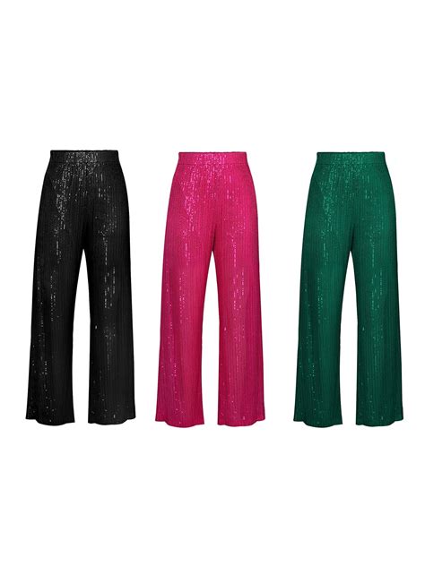 Women Glitter Pants Sparkle High Waist Sequin Bling Wide Leg Trousers