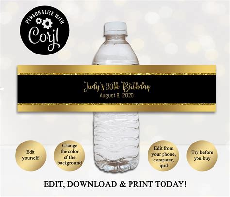 Black And Gold Water Bottle Label Birthday Party Decoration Bottle