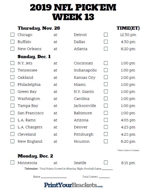 Nfl Pick Em Week 13 Printable Printable Word Searches