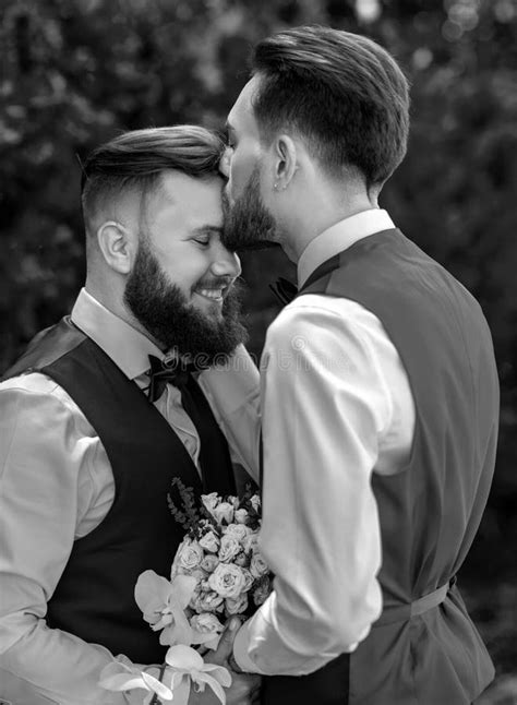 Gay Couple Wedding Gay Couple Sensual Kissing Gay Marriage Closeup Male Kiss Stock Image