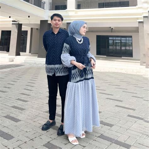 Jual Ready Stock Gamis Niken Biru Hujan Gerimis Dress Tenun Couple