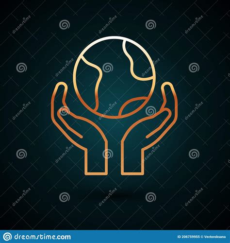 Gold Line Human Hands Holding Earth Globe Icon Isolated On Dark Blue