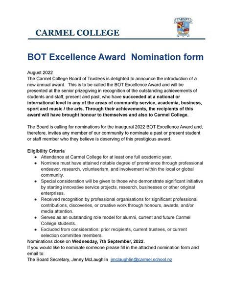 BOT Excellence Award Nomination - Carmel College