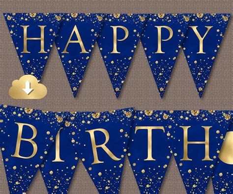 Happy Birthday Banner Blue Gold Birthday Flags Printable Birthday