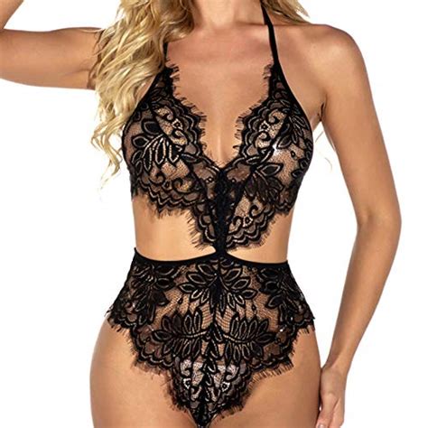 Women Sexy Teddy Lingerie One Piece Lace Babydoll Deep V Neck Bodysuit