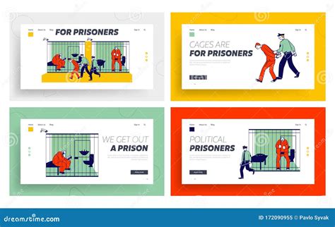 People in Jail Website Landing Page Set. Man Officer Bringing New ...