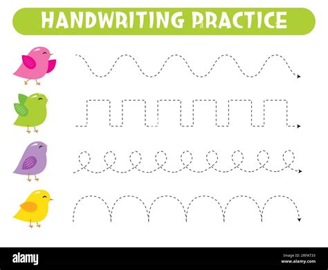 Tracing Lines With Cute Cartoon Birds Handwriting Practice Stock