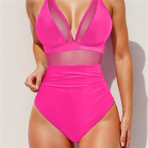 Solid Mesh Contrast One Piece Swimsuit V Neck Stretchy Ruched Bathing Suits Womens Swimwear