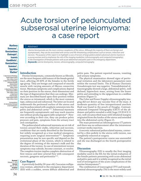 Pdf Acute Torsion Of Pedunculated Subserosal Uterine Leiomyoma