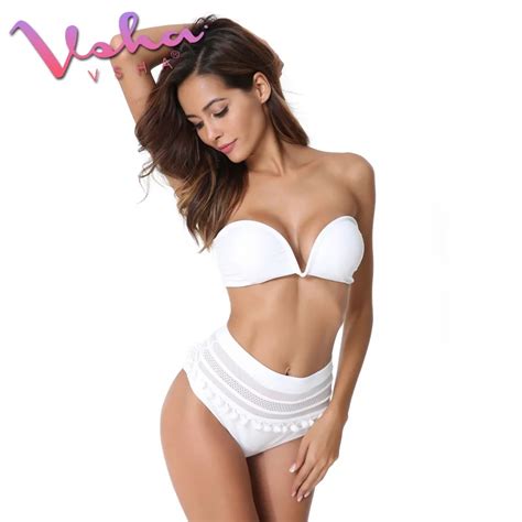 Vsha Women White Strapless Bikini Set Lotus Leaf Swimwear Summer