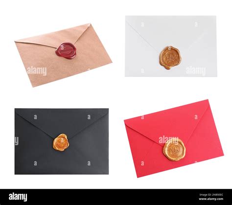 Different Envelopes With Wax Seals On White Background Collage Stock