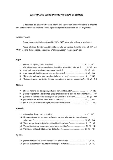 Cuestionario De Habitos De Estudio Cuestionario Sobre H Bitos Y