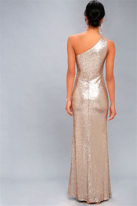 Sexy Rose Gold Maxi Dress One Shoulder Sequin Dress