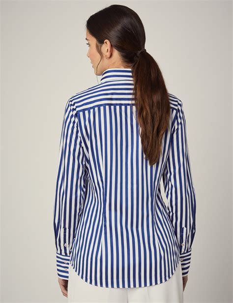 Women S White Blue Bold Stripe Fitted Shirt With Contrast Detail