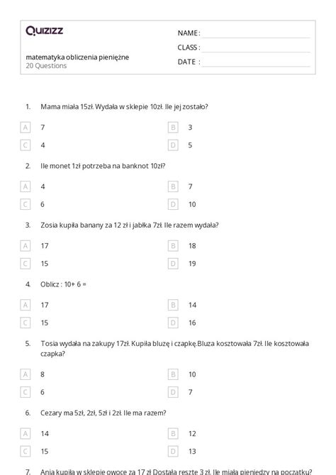 Ponad 50 Obliczenia pieniężne arkuszy roboczych dla Klasa 1 w Quizizz