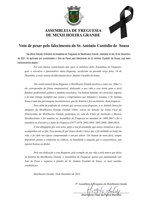 Voto De Pesar Pelo Falecimento Do Sr Ant Nio Sousa Aprovado Na