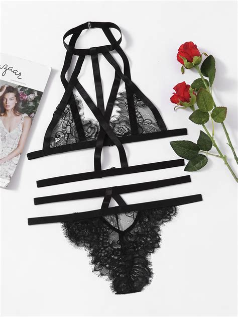 Strappy Eyelash Lace Lingerie Set Shein Sheinside