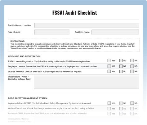 Fssai Audit Checklist Download Free Pdf