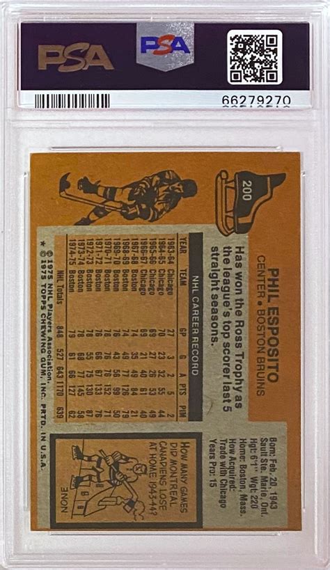 Phil Esposito Topps Boston Bruins Hockey Graded Card Grade