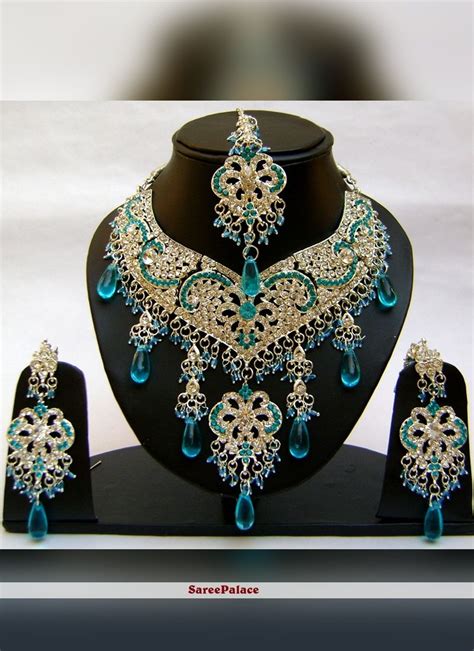 Buy Stone Work Gold And Teal Necklace Set Online Bridal Jewelry