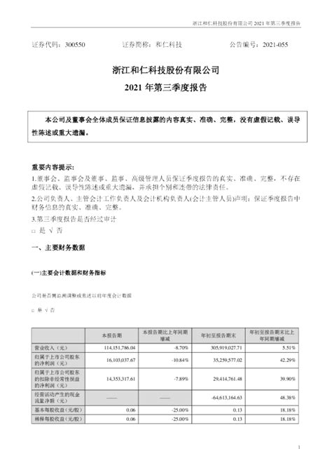 和仁科技：2021年第三季度报告