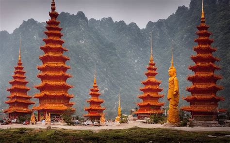 Twin Chinese Buddhist Pagodas Made Of Stone In A Stable Diffusion