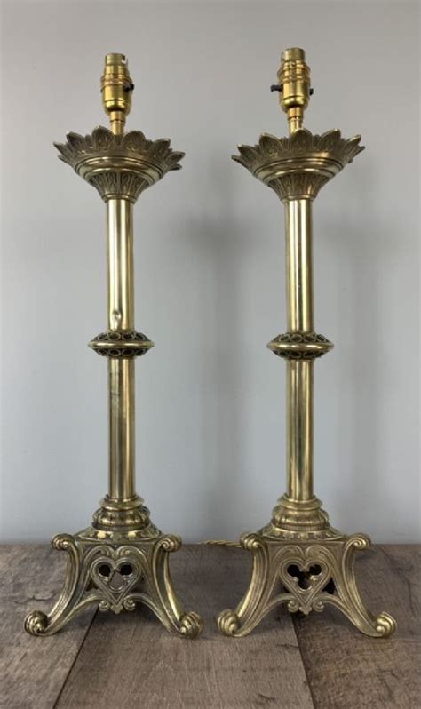 Pair Of French 19th Century Brass Church Altar Candlestick Table Lamps