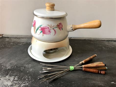 Vintage Floral Fondue Set Enamel Fondue Set With Fondue Pot Etsy Uk