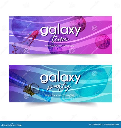 Galaxy Banner Design With Rocket Satellite And Planet Illustration