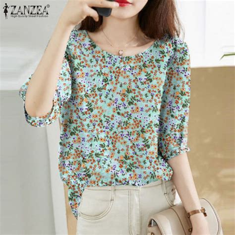 Zanzea Womens Vintage Floral Printed Blouse Simple Loose O Neck Short