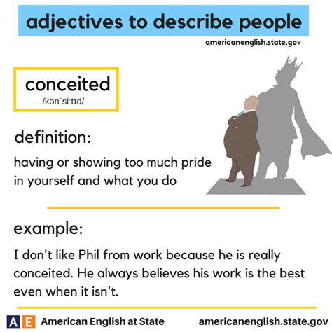 adjectives to describe people: conceited | Aprender inglês, Gramática, Inglês