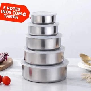 Kit Jogo 5 Potes Tigela Aço Inox Alumínio Cozinha Tampa Silicone