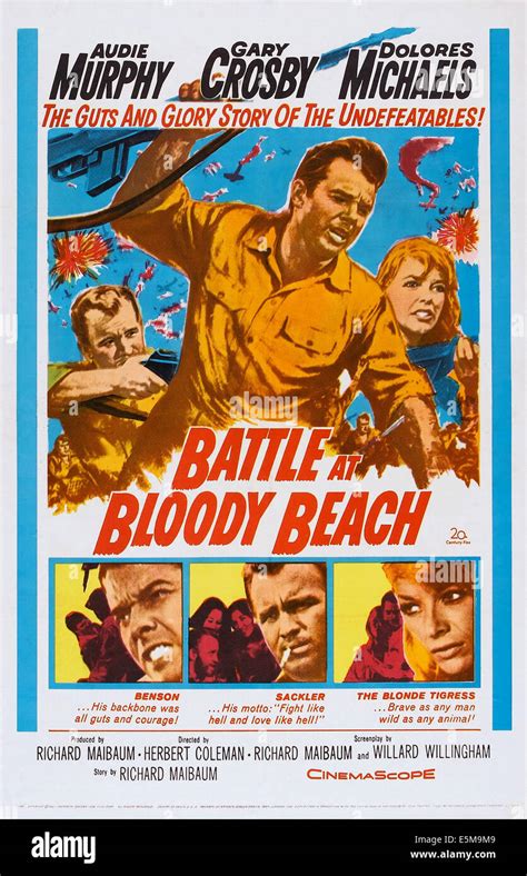 BATTLE AT BLOODY BEACH, US poster art, bottom from left: Audie Murphy ...