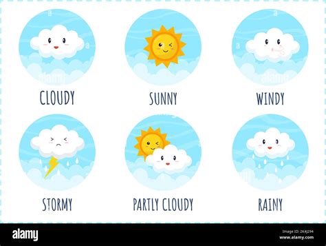 Types of Weather Conditions with Sunny, Cloudy, Windy, Rainy, Snow and Stormy in Template Hand ...