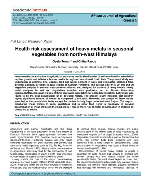 Pdf Health Risk Assessment Of Heavy Metals In Seasonal Vegetables