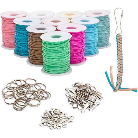 Plastic Lacing Cord Kit With Key Chain Rings Hooks Clasps 10 Colors 40 Yards 100 Pieces