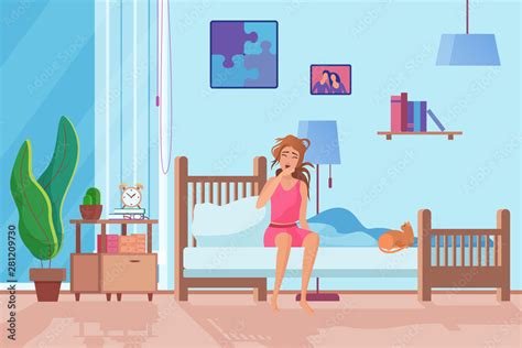 Exhausted Woman In Morning Flat Vector Illustration Tired Gilr Waking