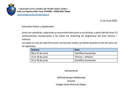 Nuevo Comunicado Horarios Colegio Santa María De Maipu