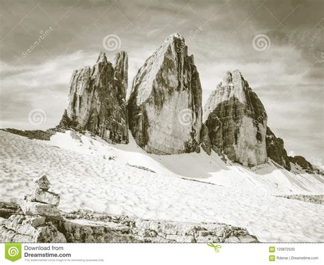 Stones Stack Bellow Alpine Summit Spring Trail Around Tre Cime Stock