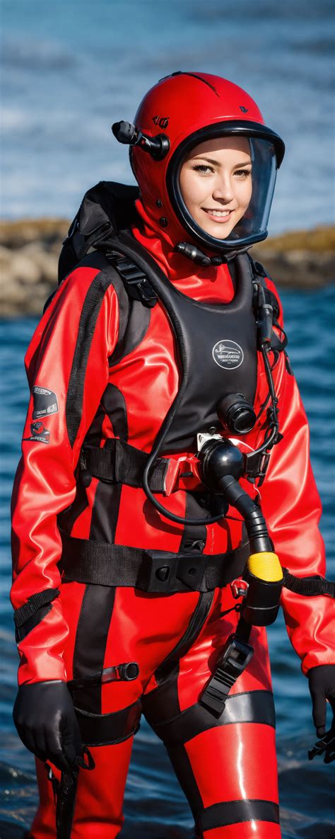 Lexica Female Diver In Red And Black Glossy Viking Drysuit