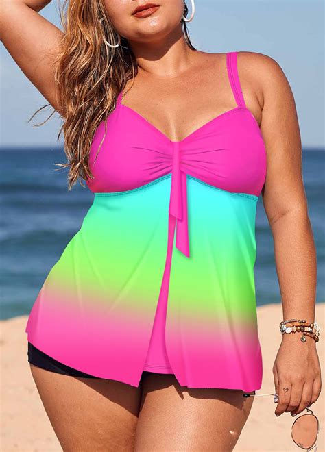 Printed Plus Size Spaghetti Strap Rainbow Color Tankini Set Rosewe