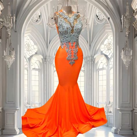 Long Orange Prom Dresses 2025 Sexy Mermaid Style Fitted Silver Beaded