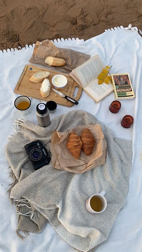 Some Food Is Laying Out On A Blanket With Coffee And An Open Book Next