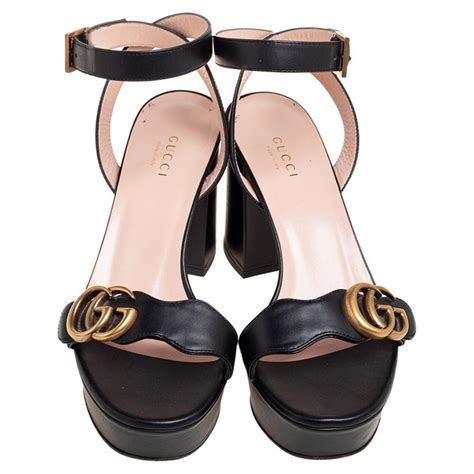 Gucci Black Leather Gg Marmont Platform Ankle Strap Sandals Size 36 5