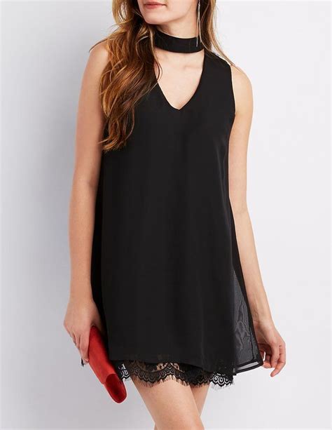 Charlotte Russe Mock Neck Lace Trim Hem Shift Dress Chiffon Shift